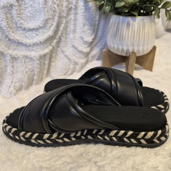 Tory Burch CrissCross Leather Espadrille Slide Sandals Black Size 8 EUC - Picture 11 of 15